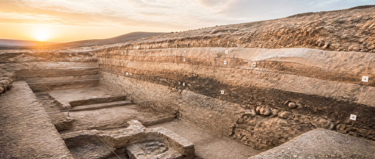 An excavation trench at dawn with exposed stratigraphic layers, survey string and labelled markers.