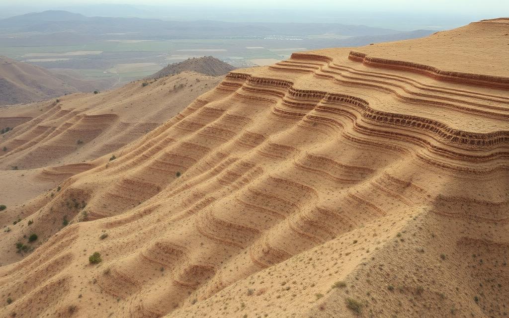 Aerial survey view of a dry hillside escarpment showing faint terracing.