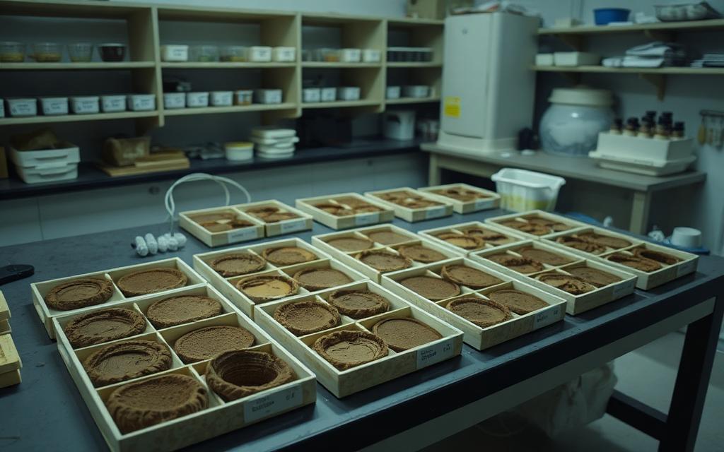 Split sediment cores laid out in labelled trays on a laboratory bench.