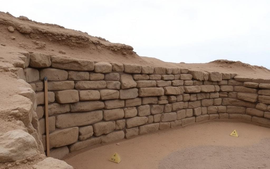 Excavated stone platform wall with visible stratigraphic layers and survey markers.